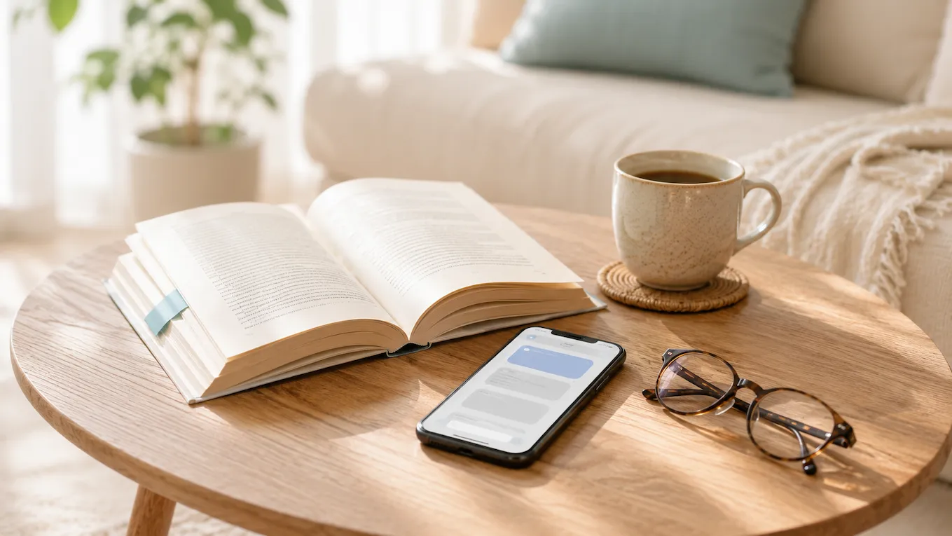 本とスマートフォンを並べた明るい読書テーブル